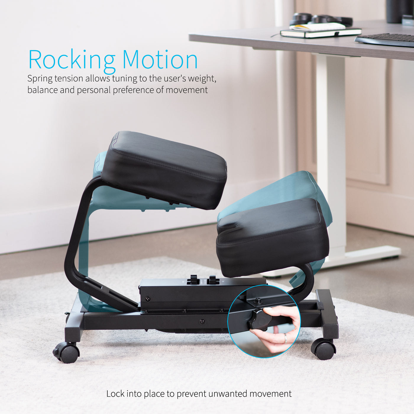 Mobile ergonomic padded rocking kneeling chair with locking casters.