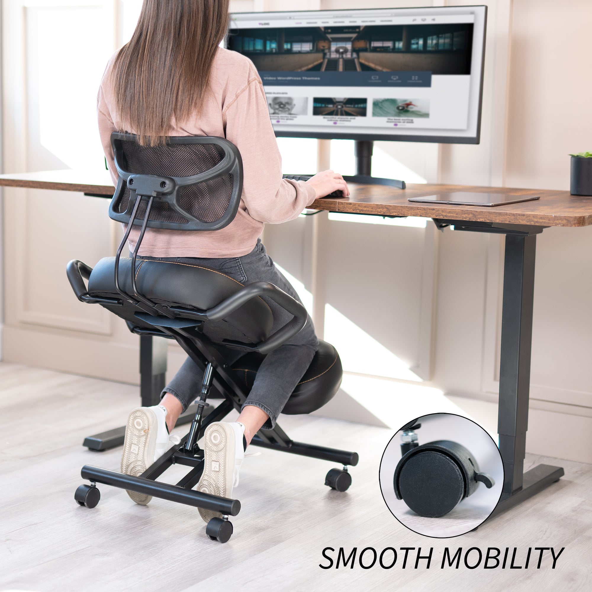 Height adjustable comfortable kneeling chair with locking caster wheels.