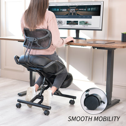 Height adjustable comfortable kneeling chair with locking caster wheels.