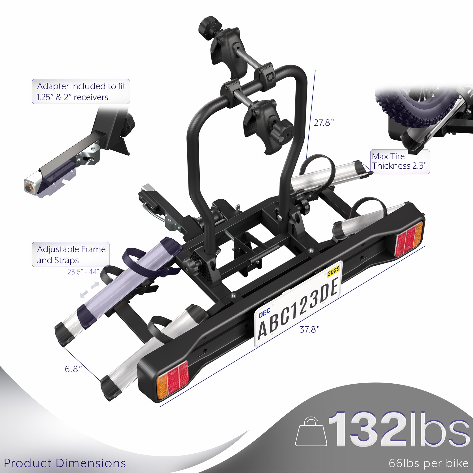 Adjustable Hitch Bike Rack with Taillights and License Plate Holder