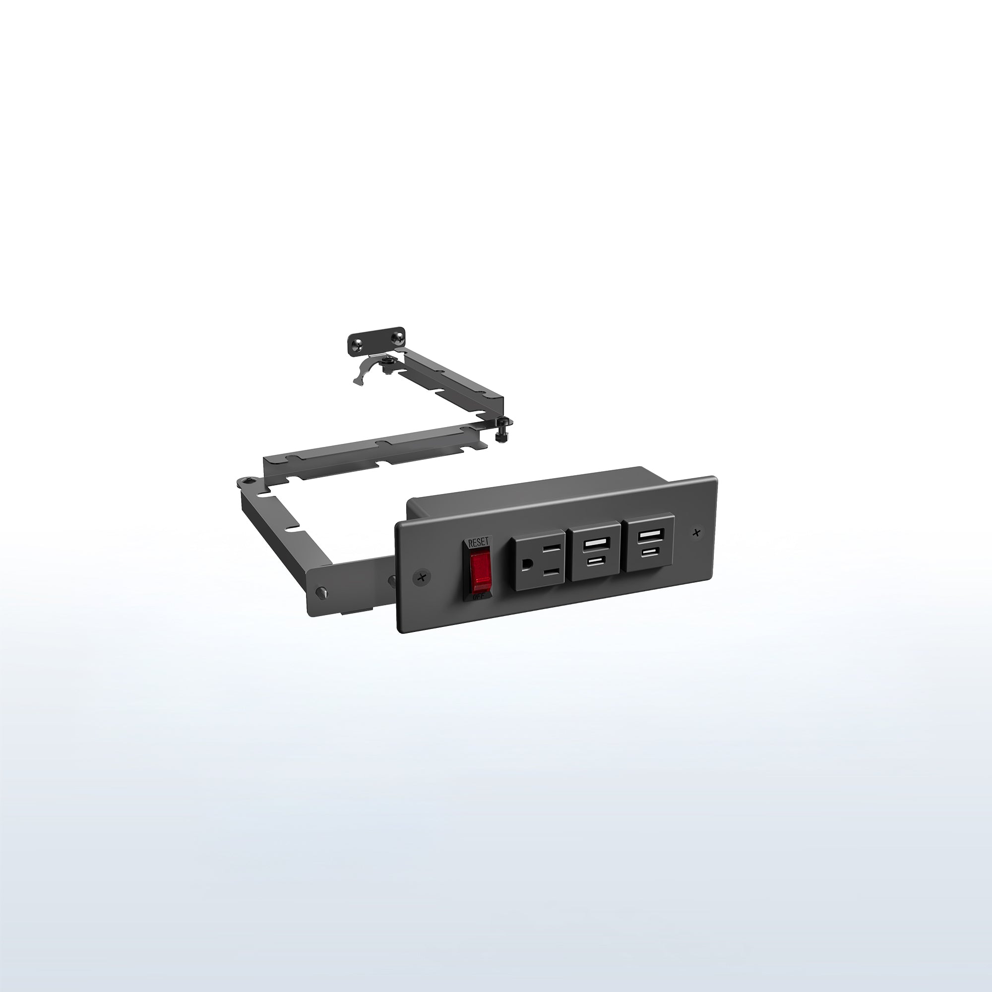 In-drawer charging station with AC outlet and USB ports.