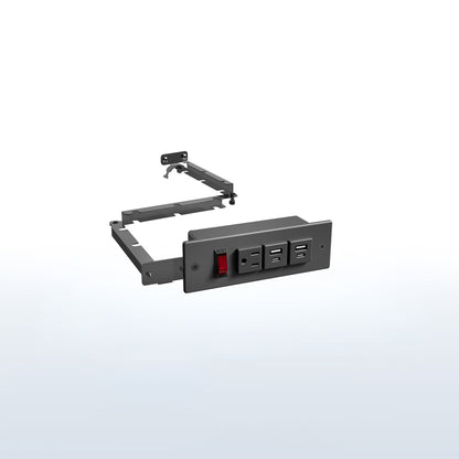 In-drawer charging station with AC outlet and USB ports.