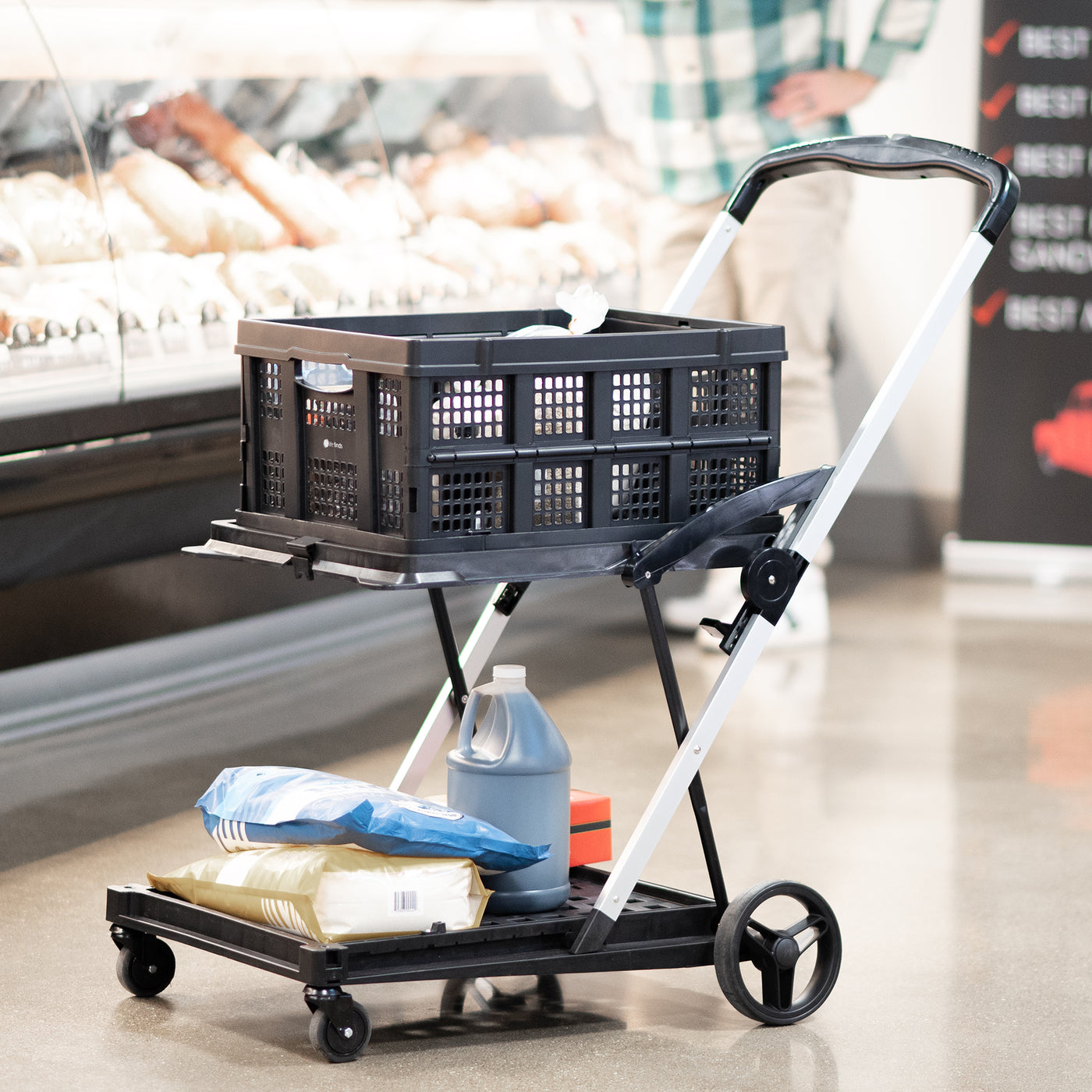 Convenient mobile collapsible shopping cart.