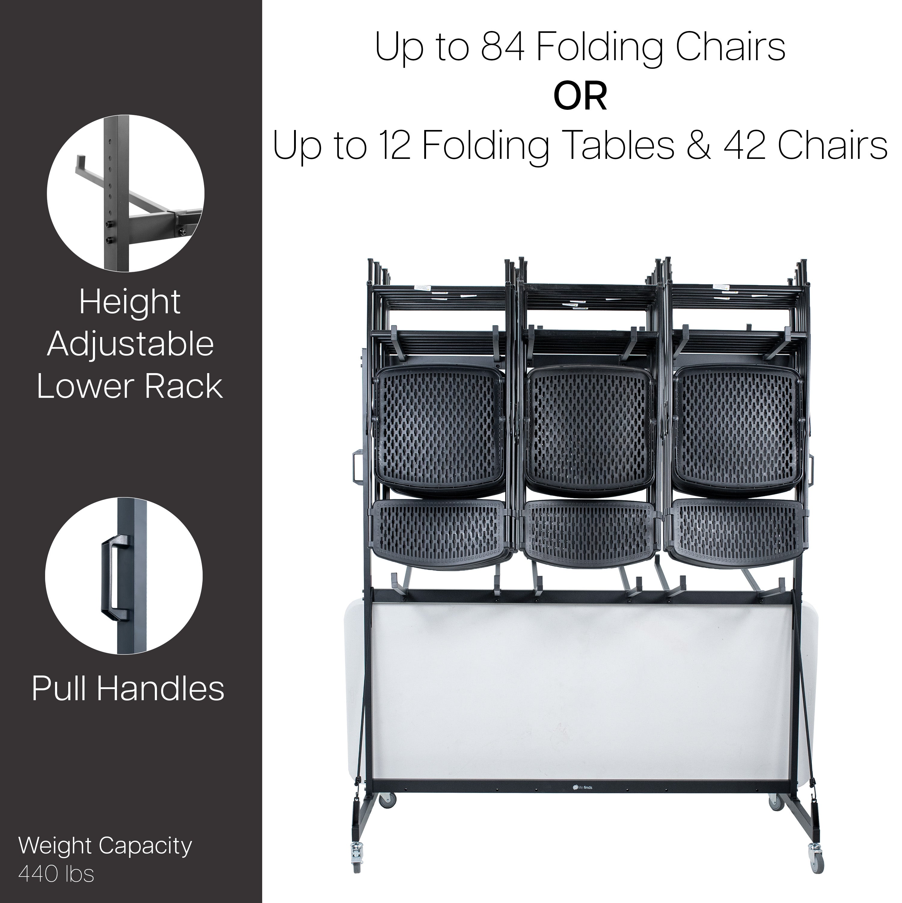 Folding table / folding chair cart with locking wheels, bungee cords, and cover.