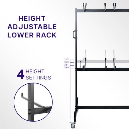 Folding table / folding chair cart with locking wheels, bungee cords, and cover. Lower rack is height adjustable.