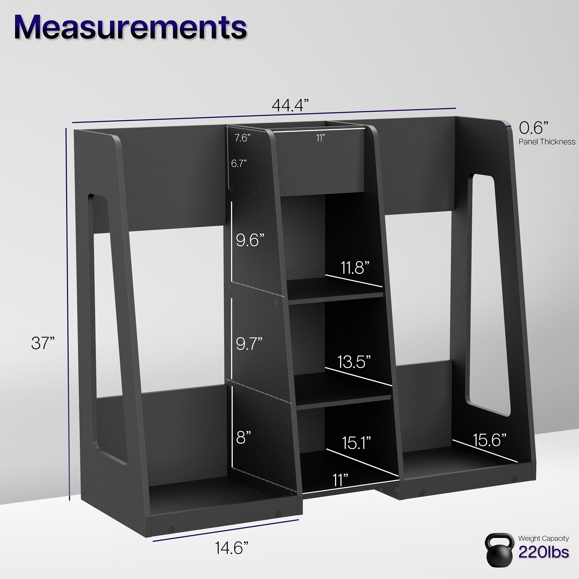 Black golf organizer shelving unit with measurements on a gray background