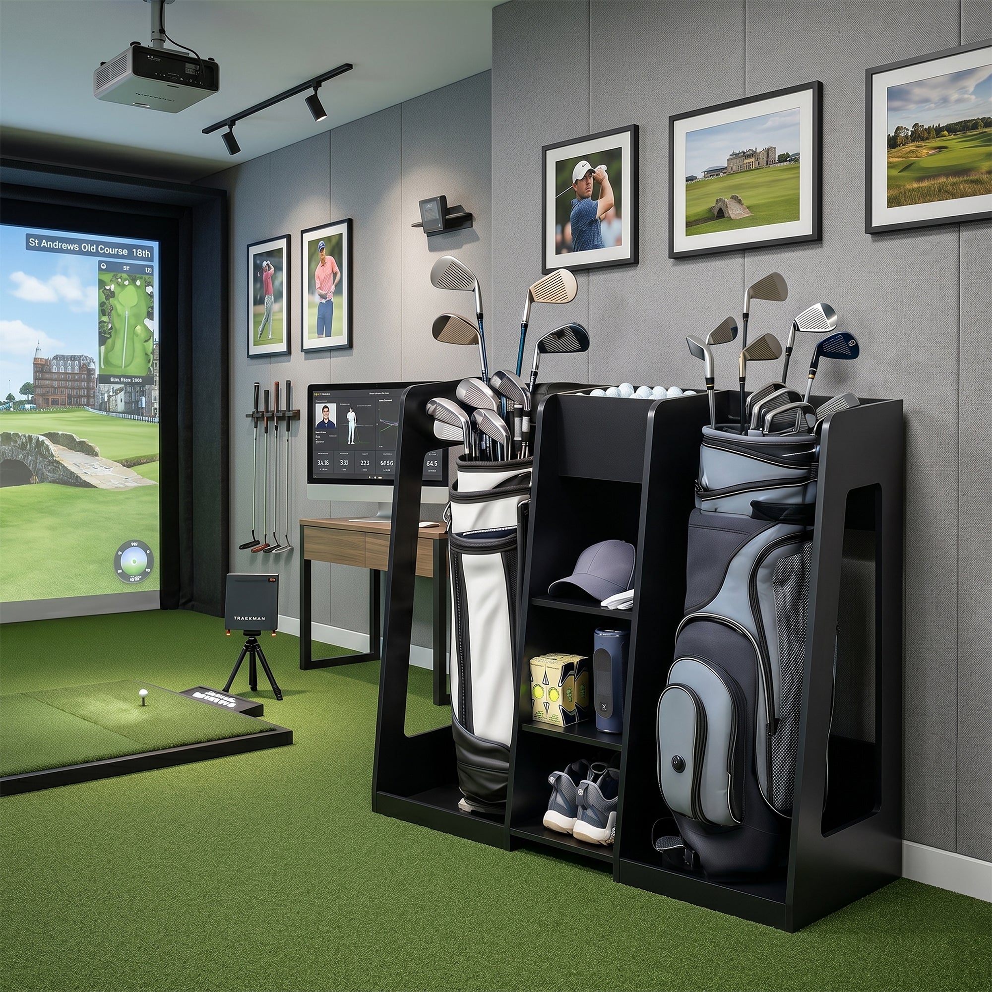 Golf simulator room with golf clubs, bags, and screens on a green carpet.