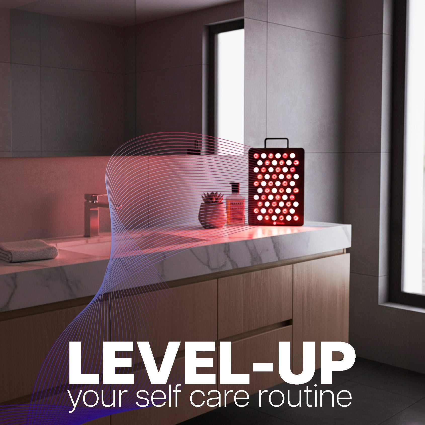Modern bathroom with a red light therapy lamp on a counter, promoting self-care.