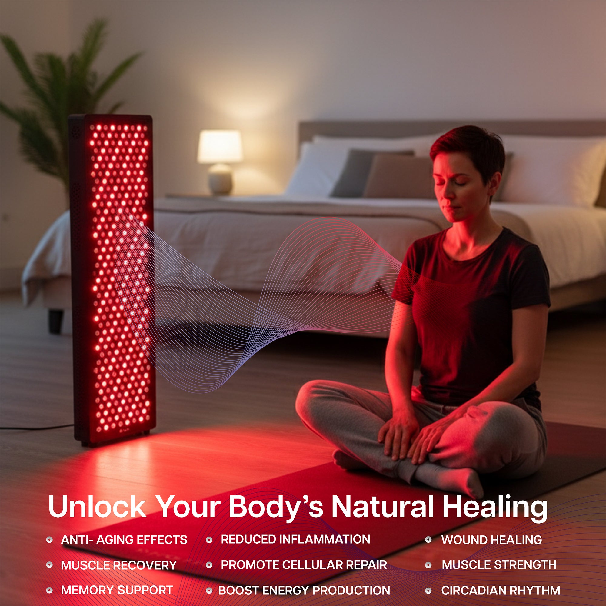 Woman using a red light therapy device in a bedroom setting with text about health benefits.