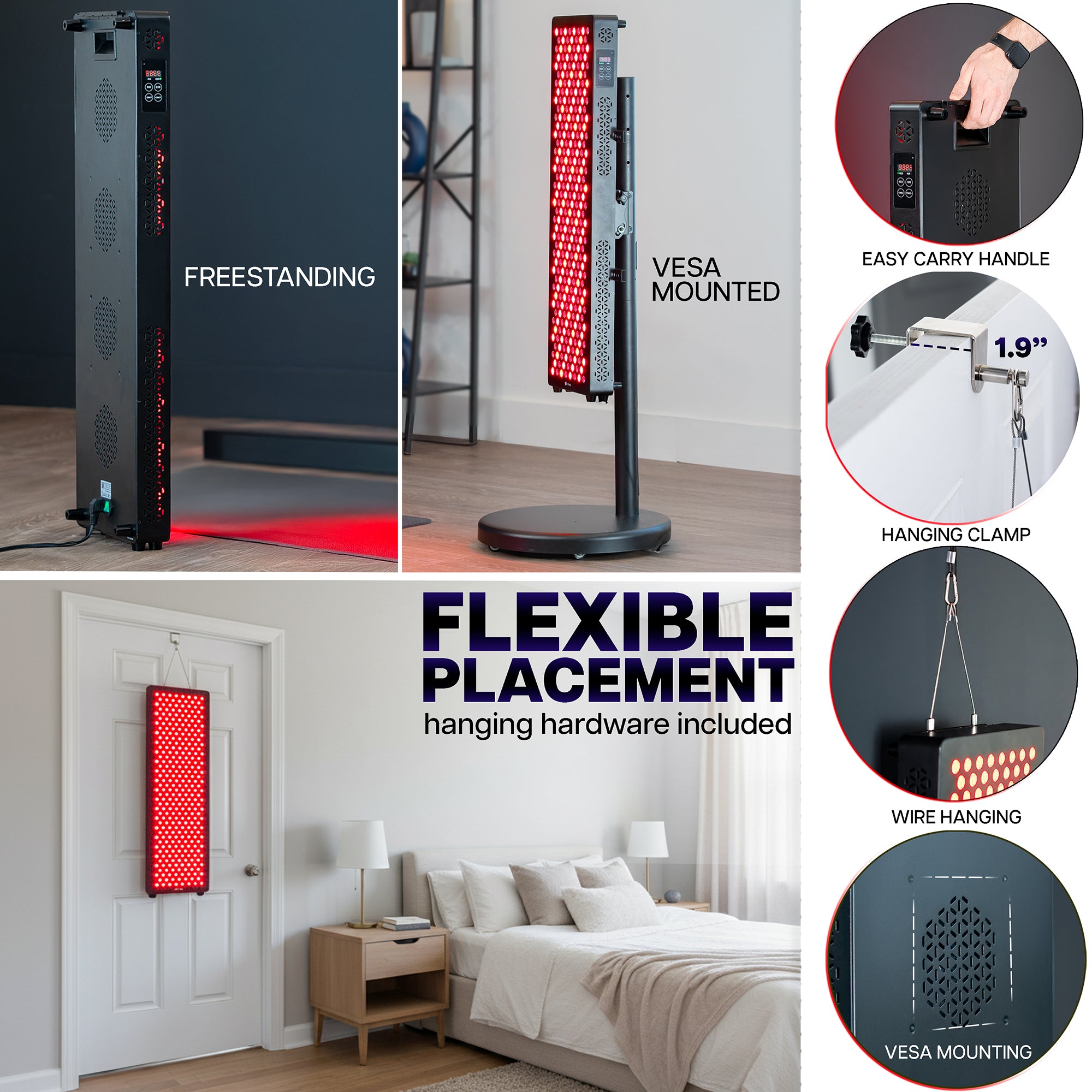 Red light therapy device with mounting options and features.
