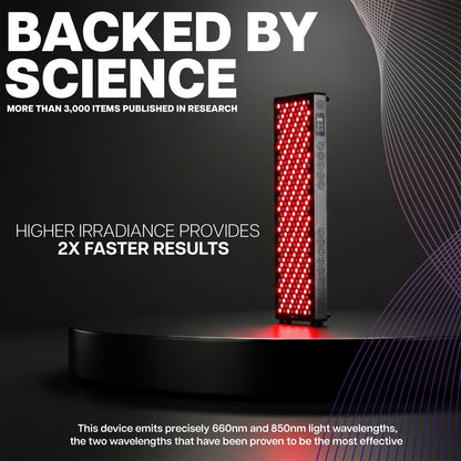 Red light therapy device with red lights on a black platform, text about science backing and faster results.