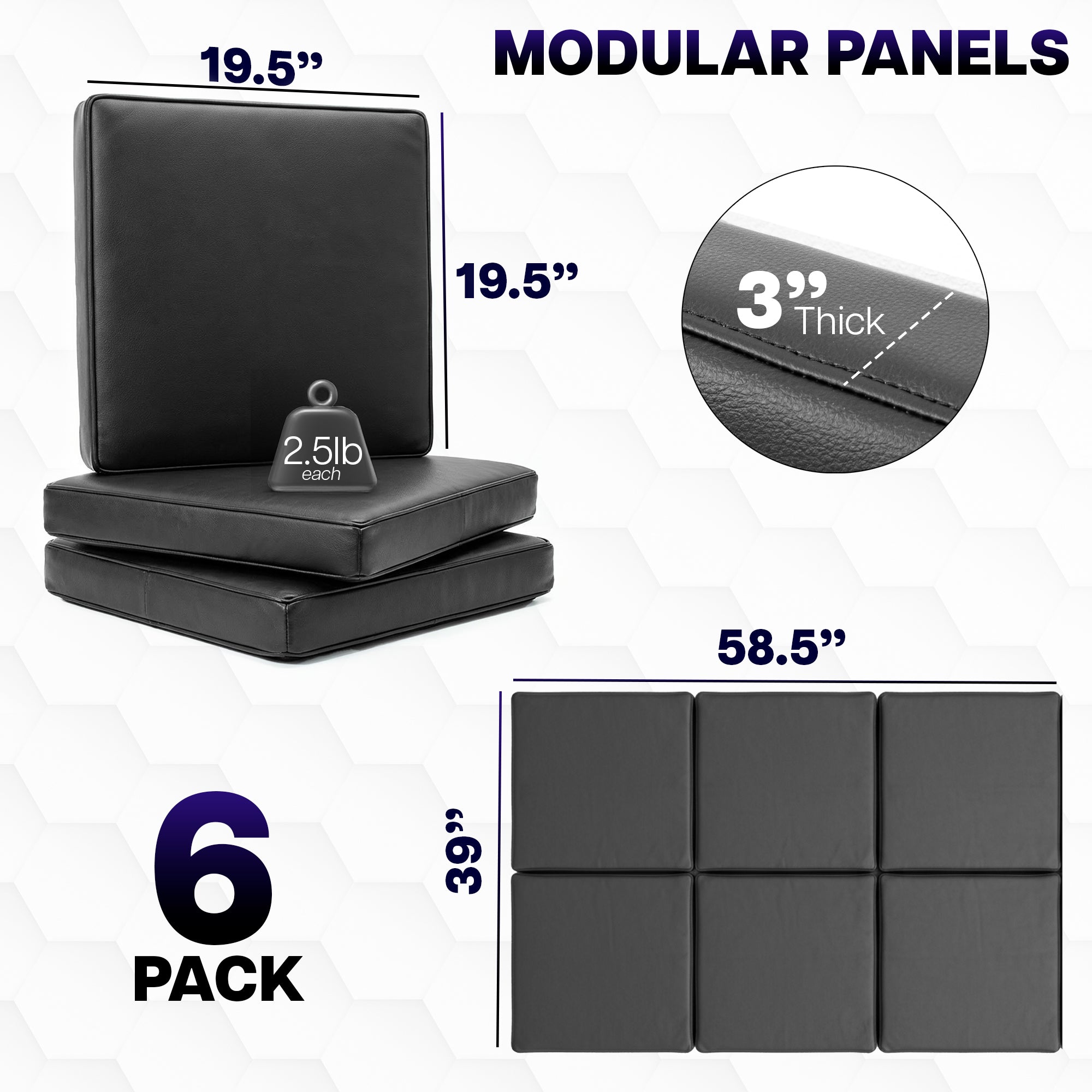 Black modular wall panels with measurements and weight details on a white background