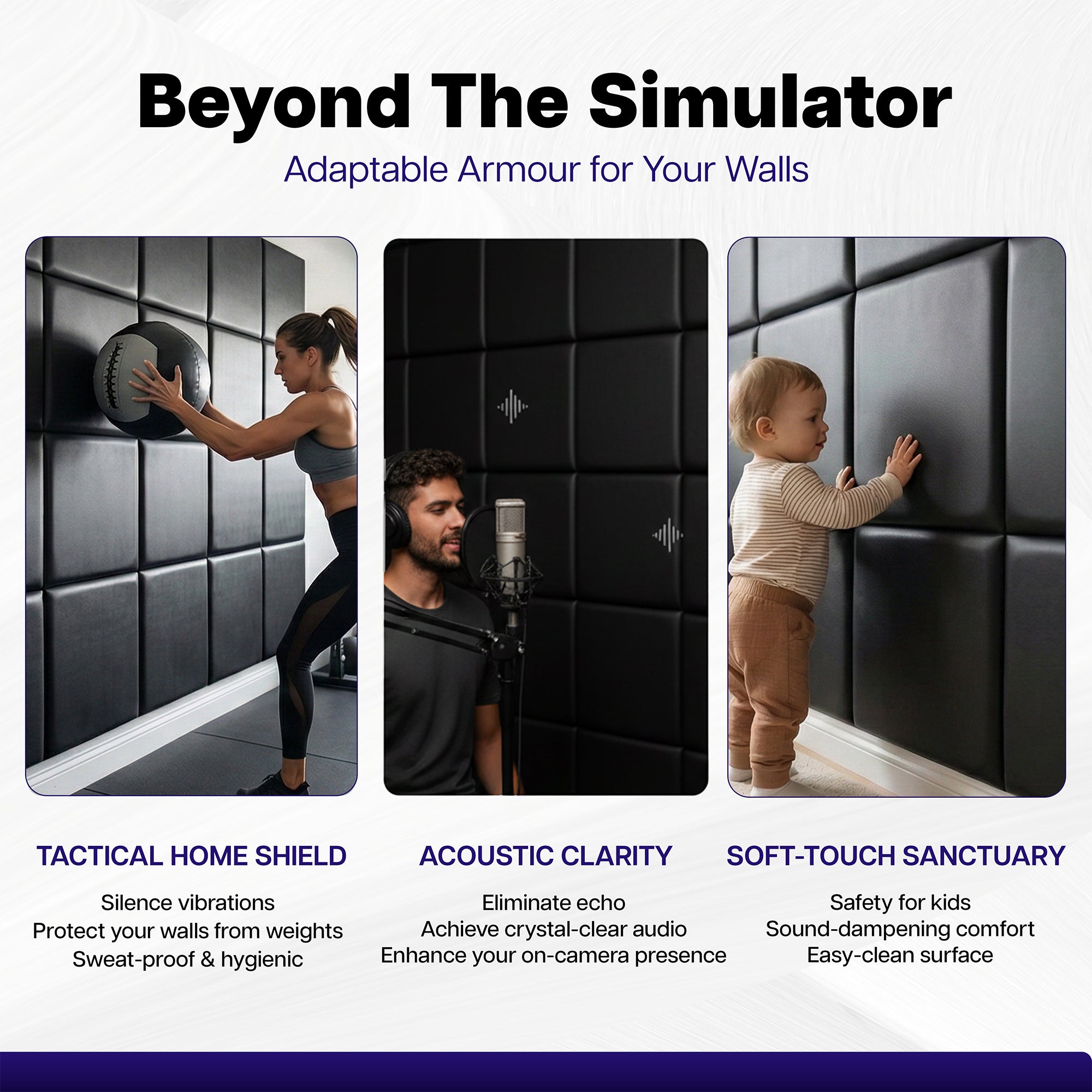 Advert for 'Beyond The Simulator' acoustic panels with lifestyle images and features listed.
