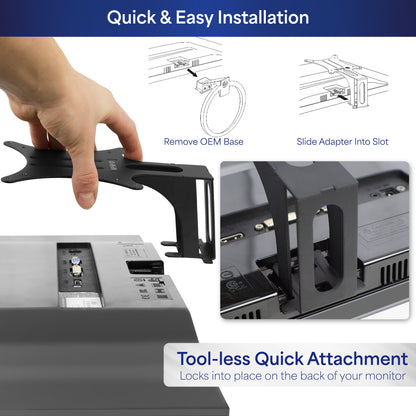 Vesa monitor plate adapter with a quick and tool-less attachment.