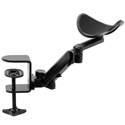 Ergonomic adjustable rotating clamp-on armrest for extra arm support while working.
