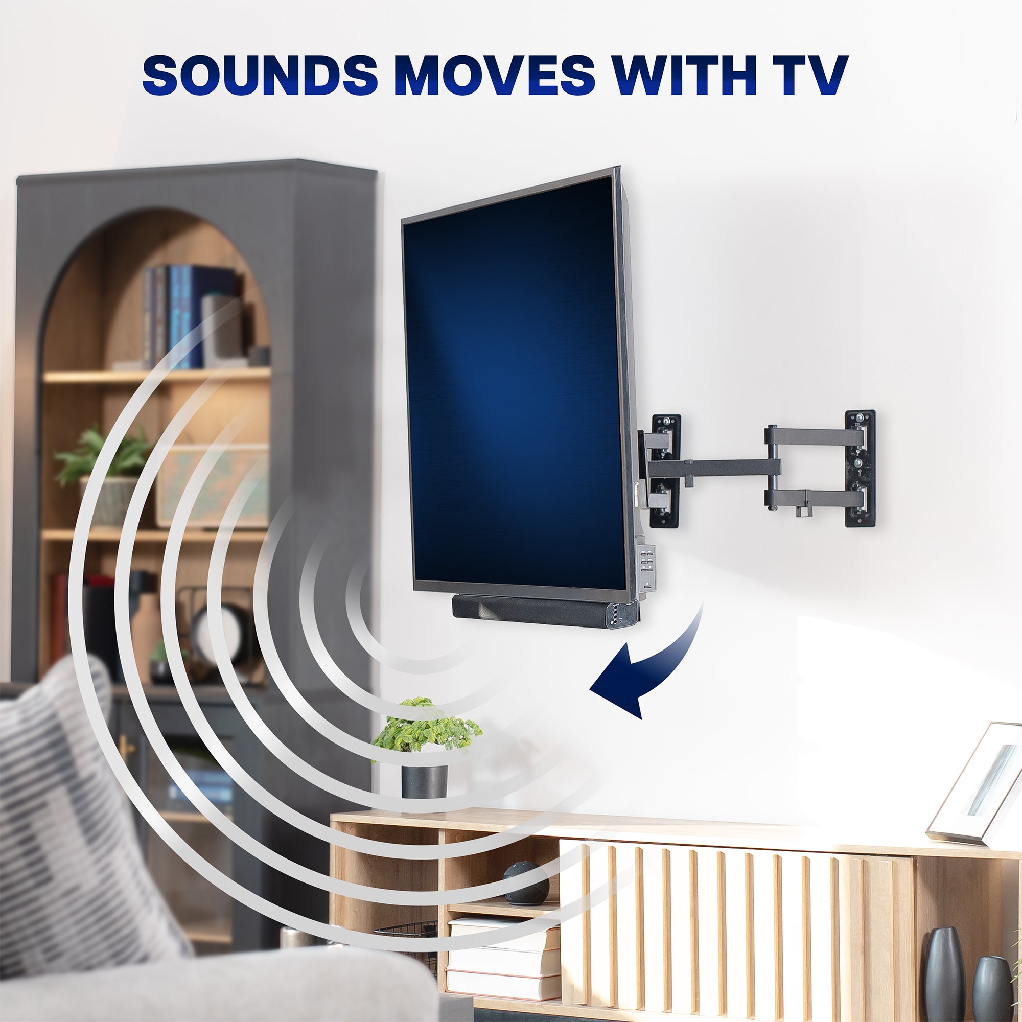 Wall-mounted TV with a  Soundbar TV Mount sound wave graphics indicating 'Sounds moves with TV' in a living room setting.
