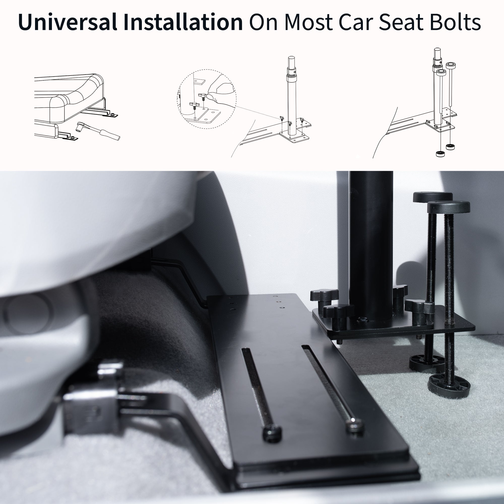 Perfect for on-the-go use, this car tablet stand anchors to the seat bolts on the passenger side chair, providing a secure and sturdy workstation.