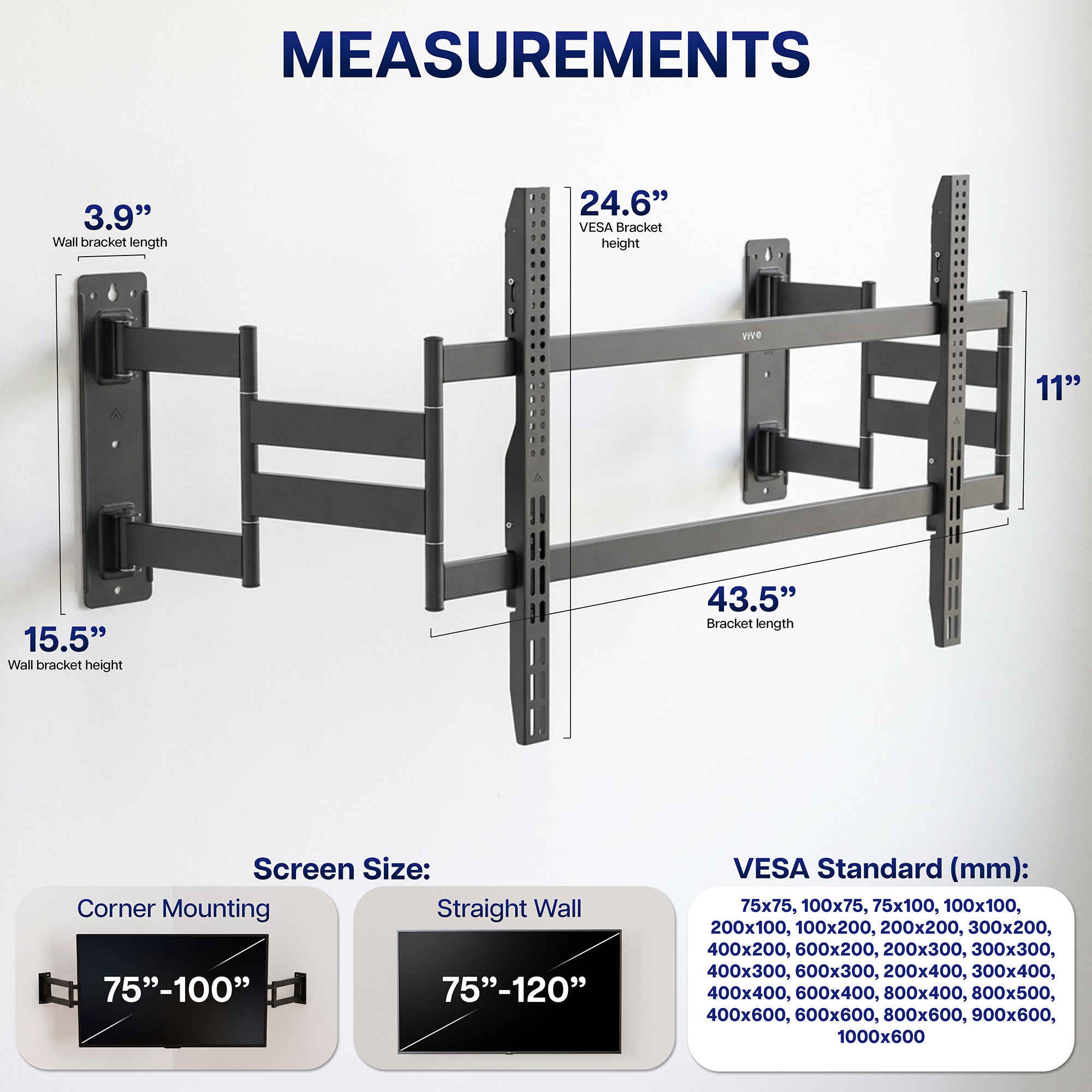 Low Profile Corner Large TV Wall Mount - 75" to 120" Screens
