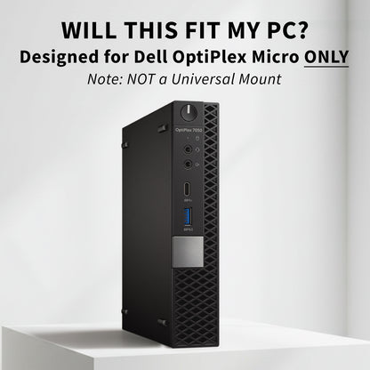 Dell OptiPlex Micro computer tower on a white background with text indicating compatibility.