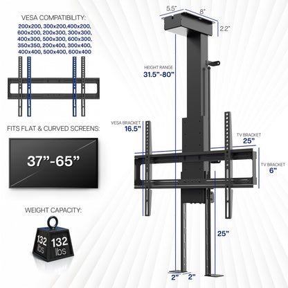 drop down ceiling tv mount with measurement details on a white background