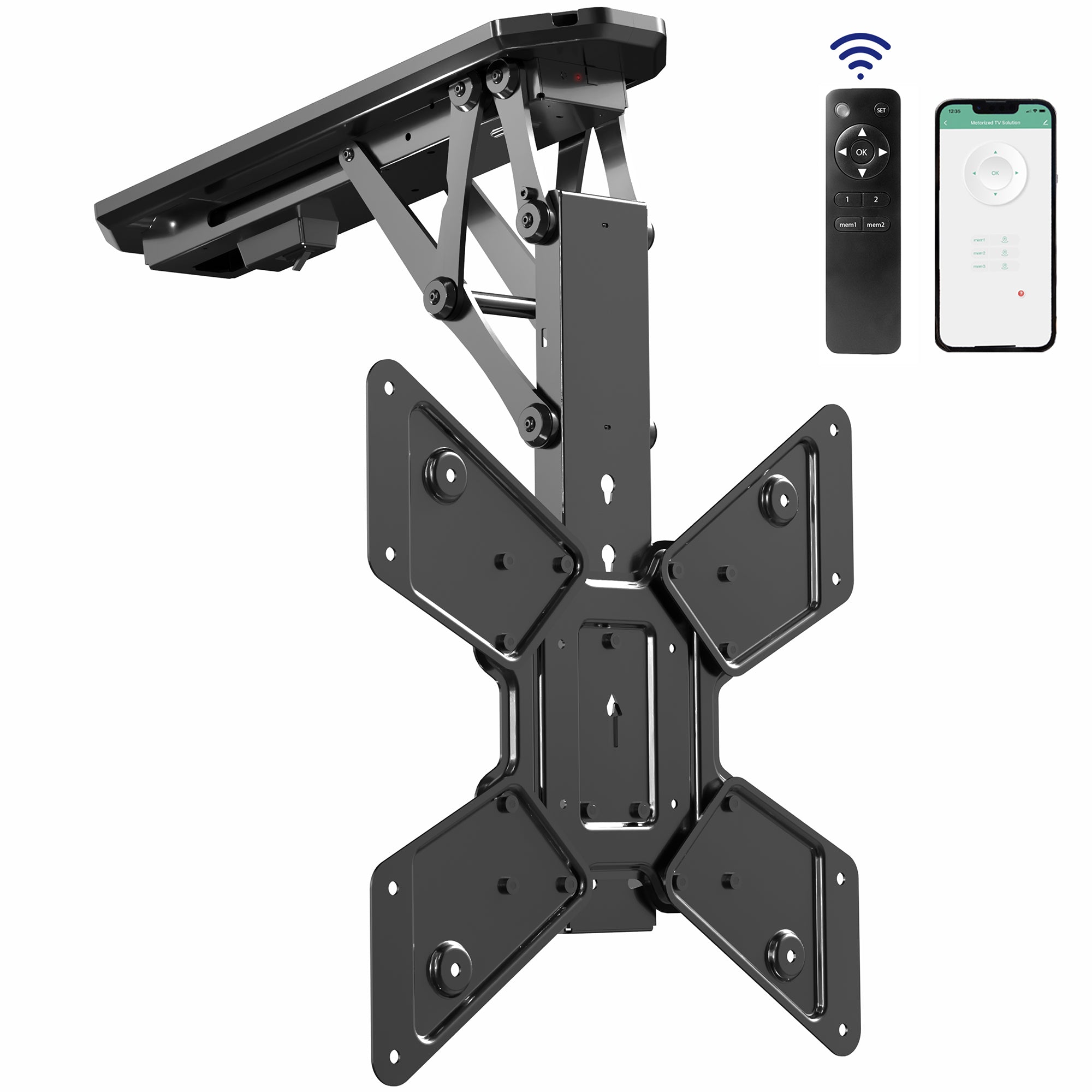 Electric Motorized Flip Down Pitched Roof Ceiling TV Mount with fold-up design.
