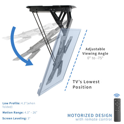 Low profile motorized TV mount with cable management, tilt, height range, and screen leveling.