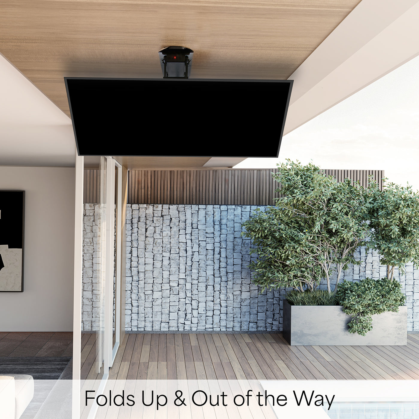 Electric Motorized Flip Down Pitched Roof Ceiling TV Mount with fold-up design.