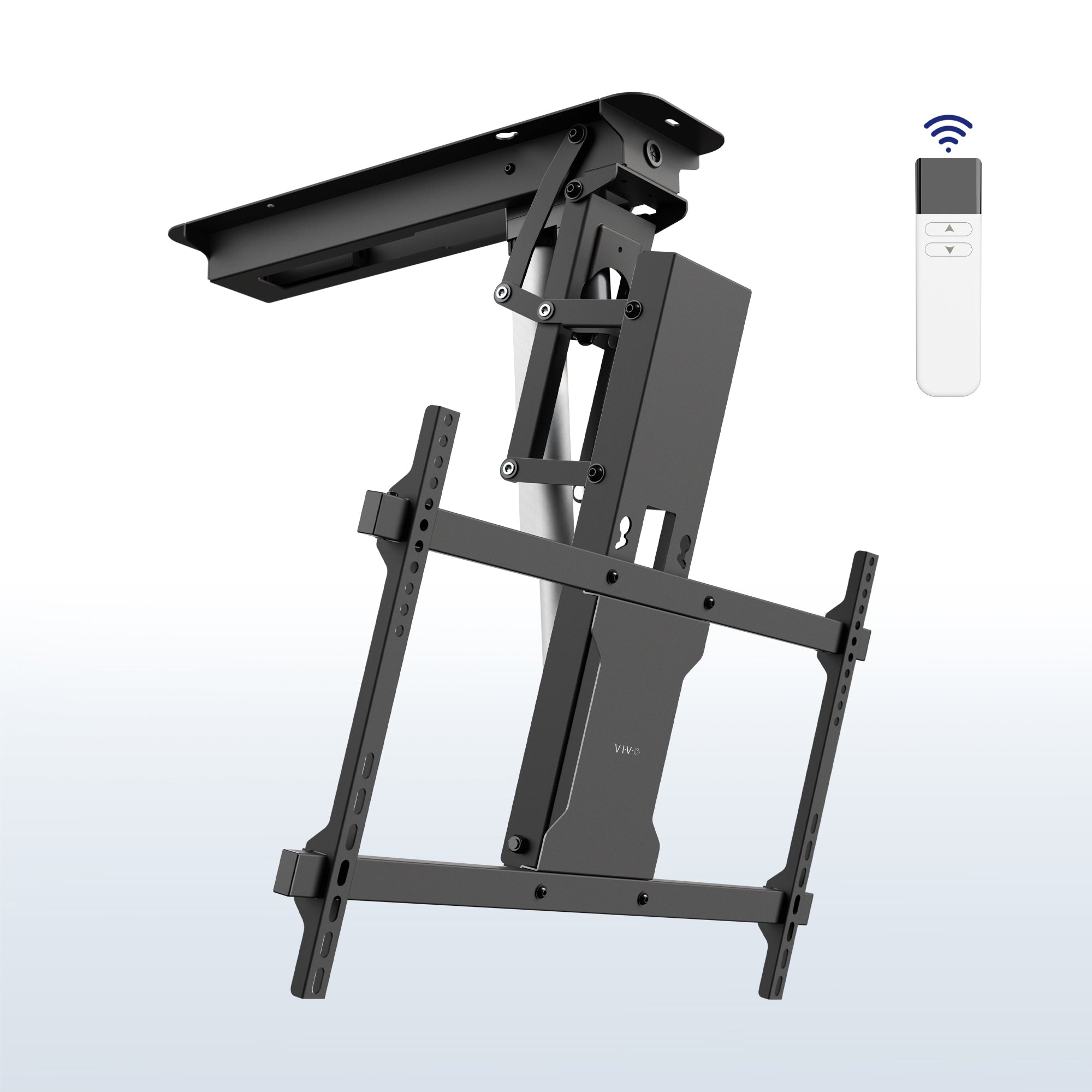 Electric Motorized Flip Down Pitched Roof Ceiling TV Mount with remote control.