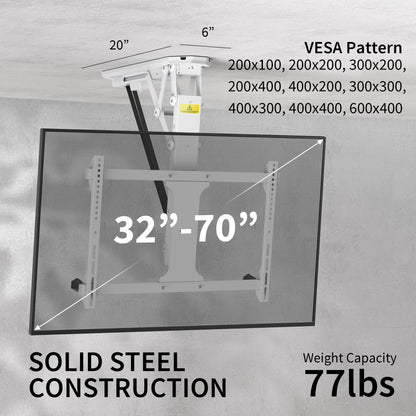 Sturdy electric flip down ceiling mount for TVs and monitors.