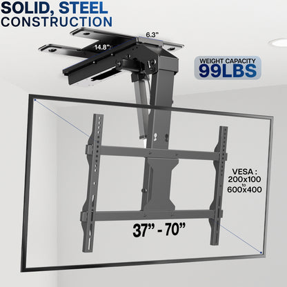 TV mount with solid steel construction, weight capacity, and dimensions displayed on a white background.
