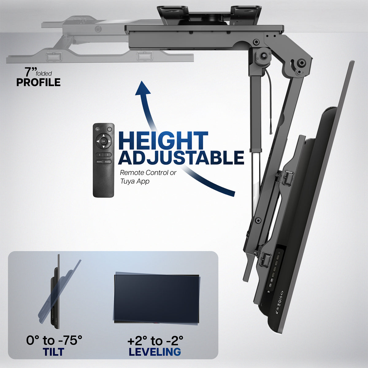 An adjustable ceiling mount bracket shown on a light gray background with text callouts for height adjustability, a 7-inch profile, remote control or Tuya app control, and tilt/leveling range details.