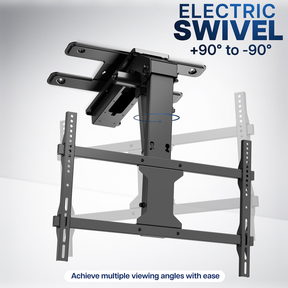 An electric swivel ceiling mount bracket for a TV, shown in black metal with a white ghosted secondary view behind it to demonstrate movement. The image includes text overlays reading 'ELECTRIC SWIVEL +90° to -90°' and 'Achieve multiple viewing angles with ease'.