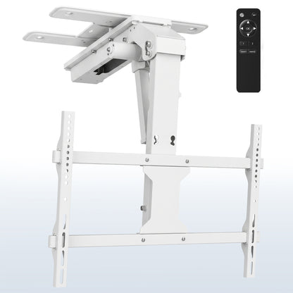 A white electric flip down/swivel ceiling TV mount with a remote control.