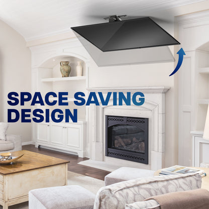 A ceiling-mounted flat-screen TV shown in a bright living room above a fireplace, with large text reading 'SPACE SAVING DESIGN' and a blue arrow indicating the angled down-facing screen design.