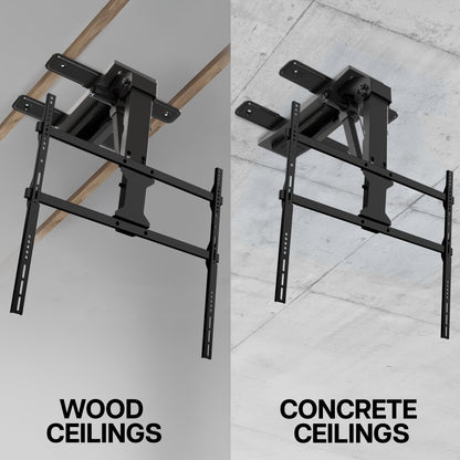 A split comparison showing a black TV ceiling mount against two ceiling types: wood ceiling on the left and concrete ceiling on the right, with text labels 'WOOD CEILINGS' and 'CONCRETE CEILINGS' at the bottom.