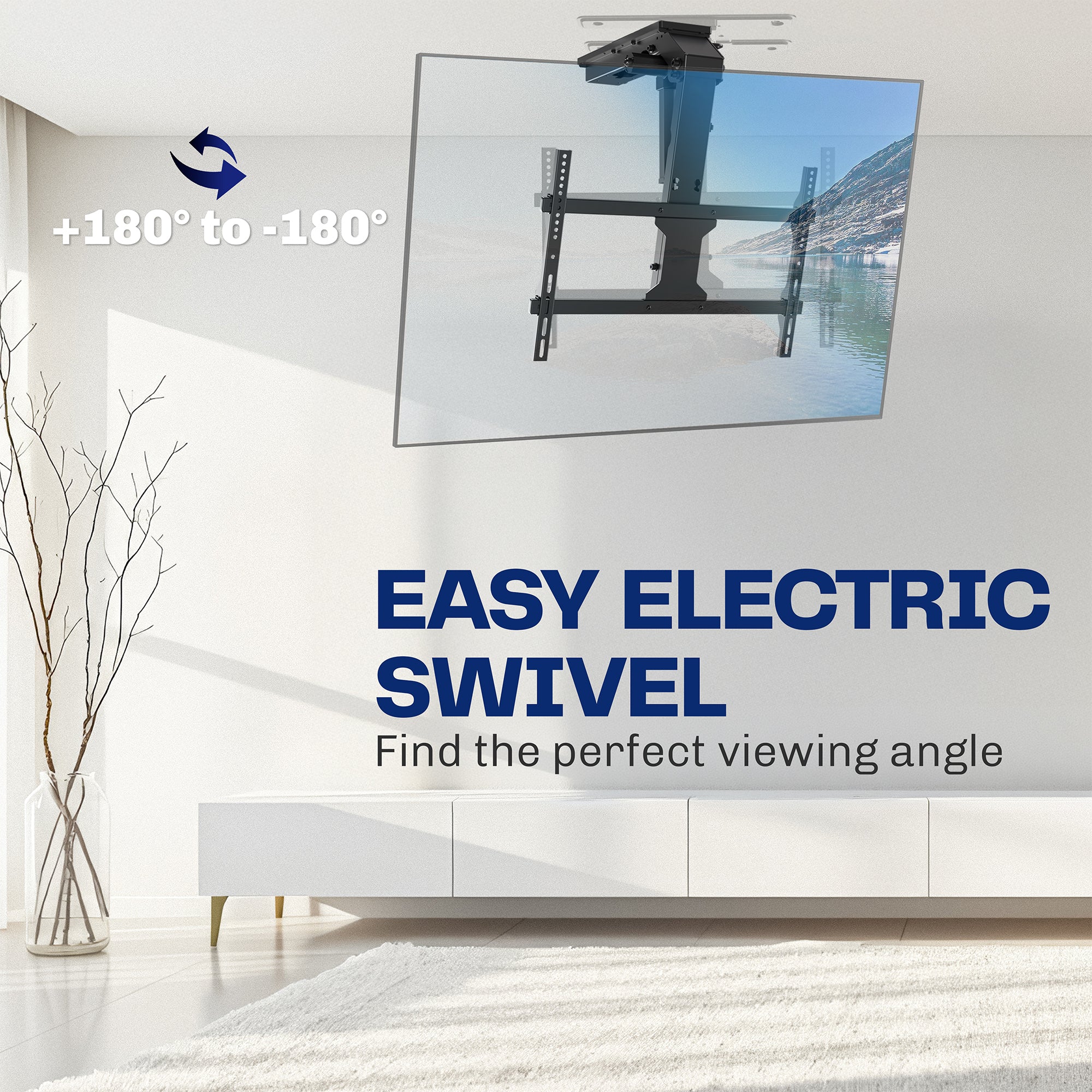 TV mounted on an electric swivel Ceiling Mount for 37” to 86” TVs in a modern living room.