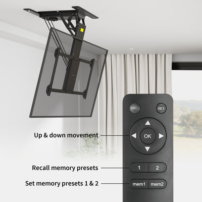 Electric Flip Down Ceiling TV Mount holds large TV's and features dual motors for effortless adjustment.