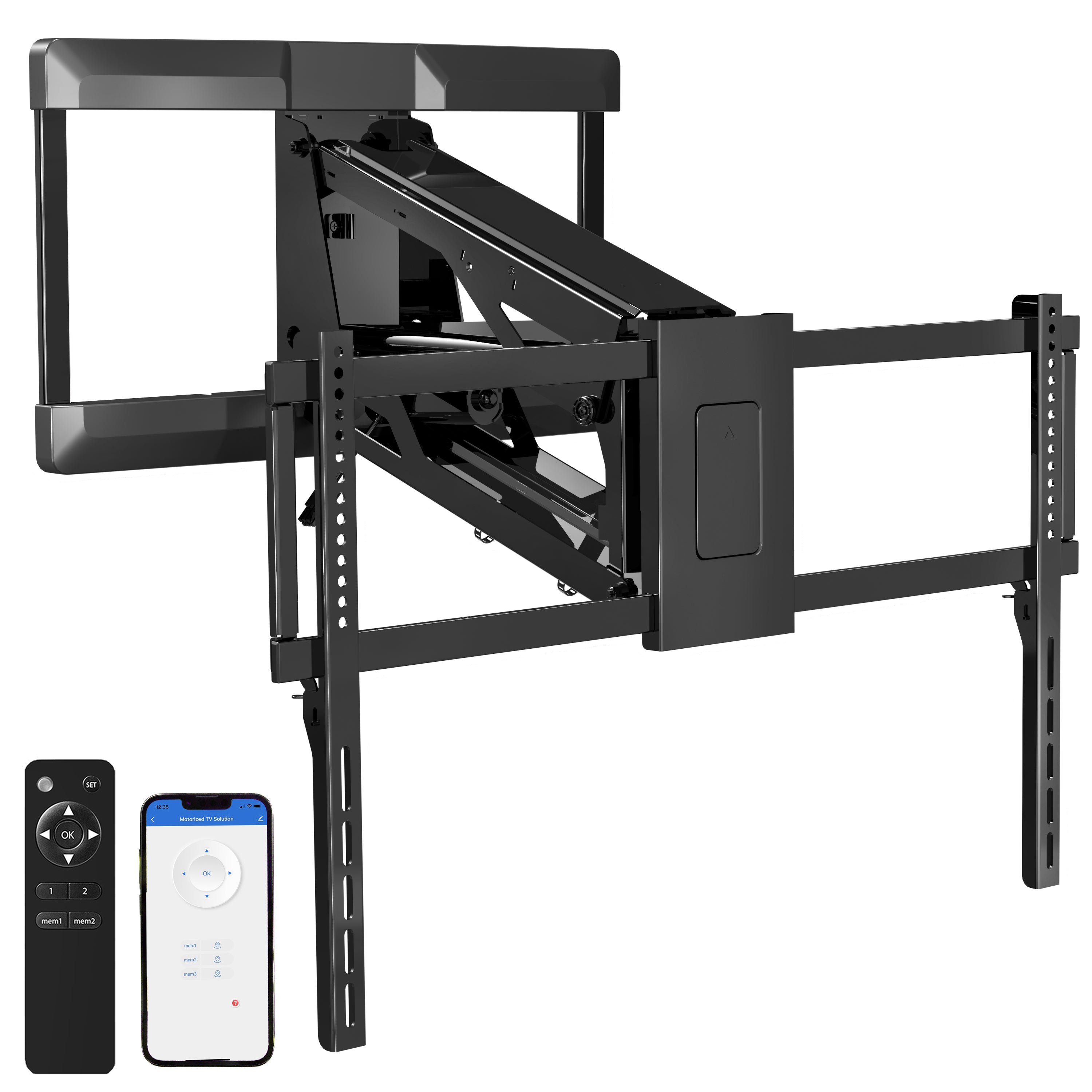 Large adjustable electric TV wall mount for screens up to 90 inches featuring swivel and remote controlled motorized height adjustment.