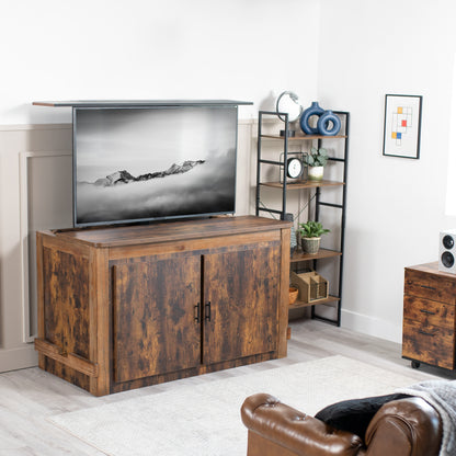 A motorized TV stand in modern living room.