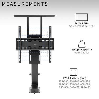A motorized TV stand in black color with measurements listed. 