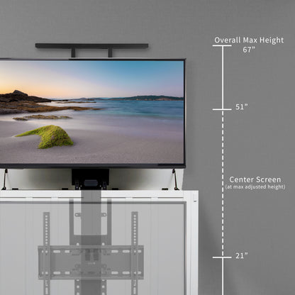 A motorized TV stand with dimensions on a gray wall. 