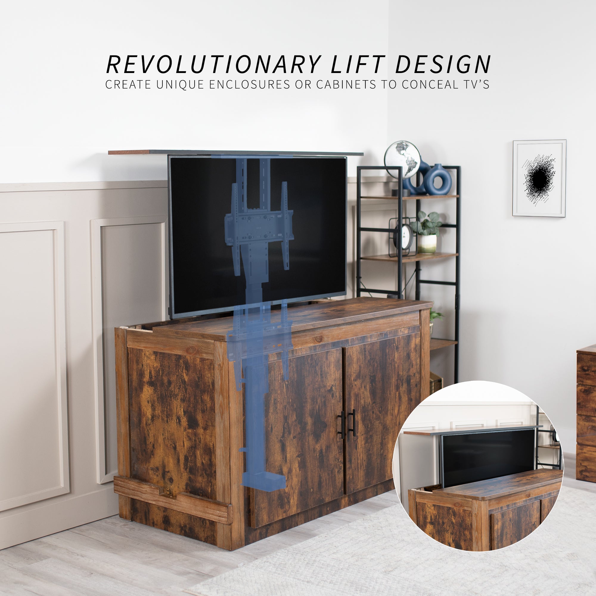 A motorized TV stand in black color with text on lift design. 