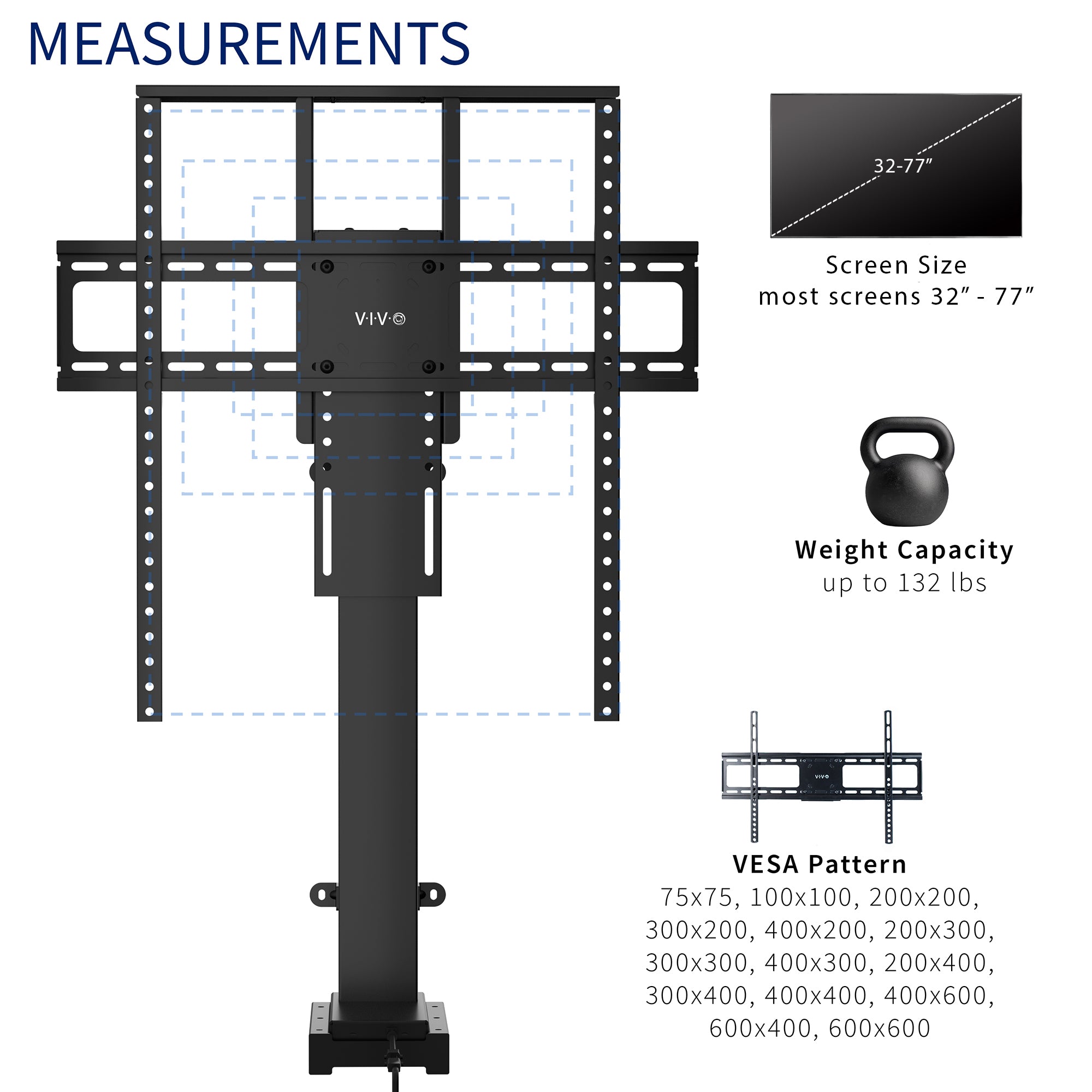 Motorized Large TV Stand for 37 to 77 inch Screens, Vertical Lift Television Stand with Remote Control, Compact TV Mount Bracket