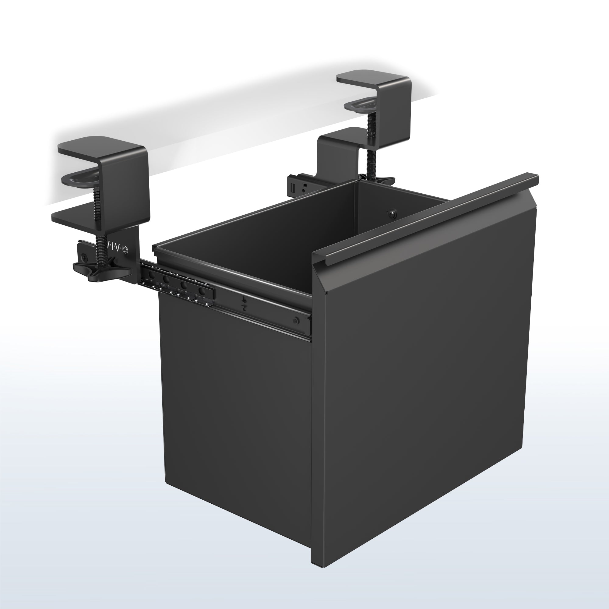 Black clamp-on under desk filing cabinet with open drawer on a white background