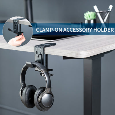 Heavy-duty under desk or desk leg clamp hook to hold accessories, bags, coats, and more. Weight capacity of up to 33 pounds and can clamp on almost anywhere.