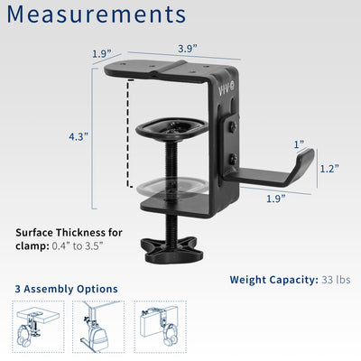 Heavy-duty under desk or desk leg clamp hook to hold accessories, bags, coats, and more. Weight capacity of up to 33 pounds and can clamp on almost anywhere.