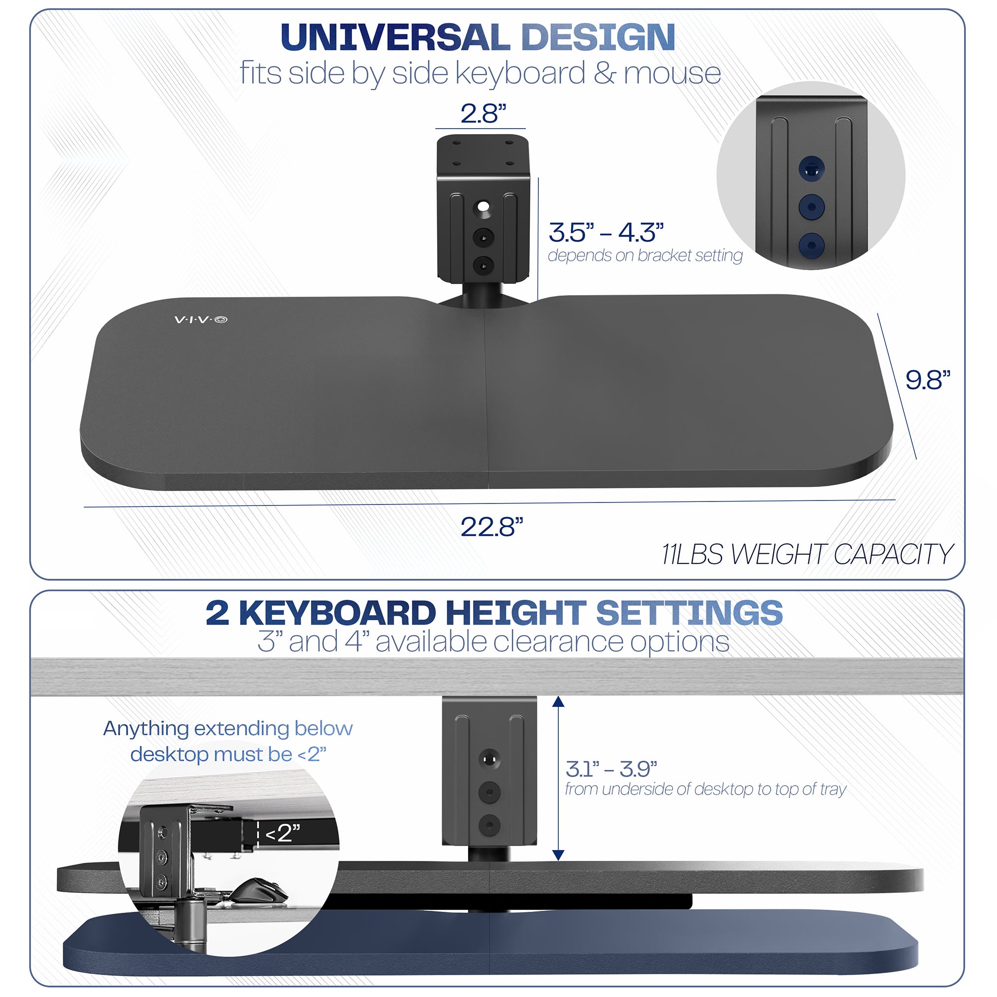 Detailed view of a VIVO keyboard tray with specifications on dimensions and features.