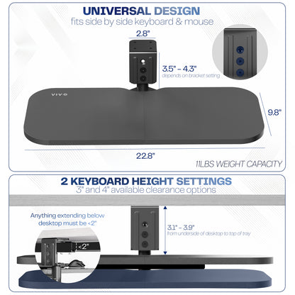 Detailed view of a VIVO keyboard tray with specifications on dimensions and features.