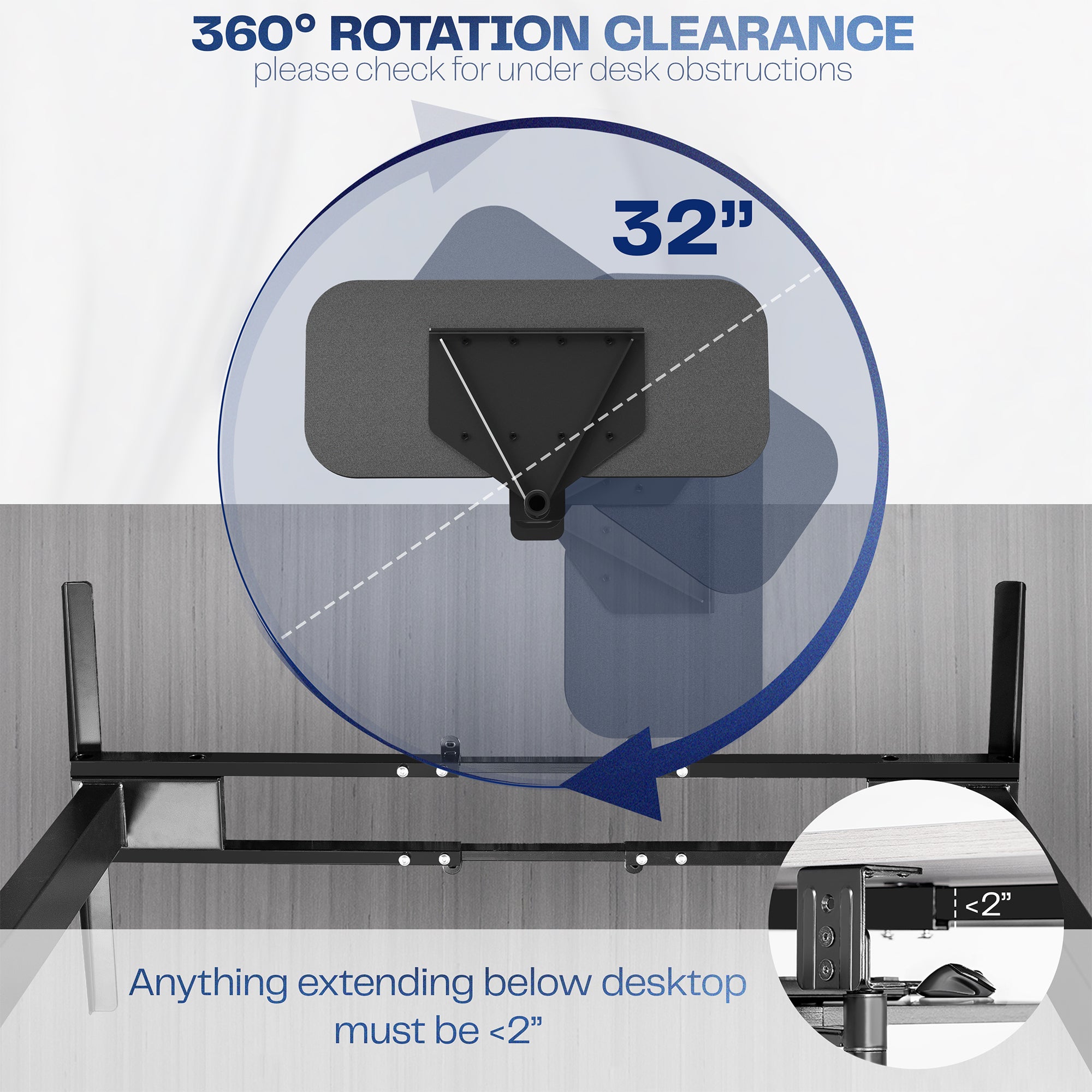 360-degree rotation feature of a desk with clearances indicated.