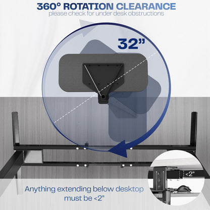360-degree rotation feature of a desk with clearances indicated.